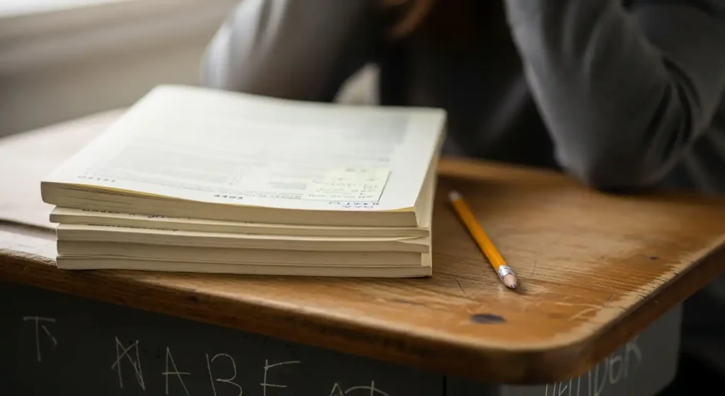 A stack of standardized test booklets on a wooden school desk, a solitary pencil resting beside them, conveying the weight of assessment in modern education.